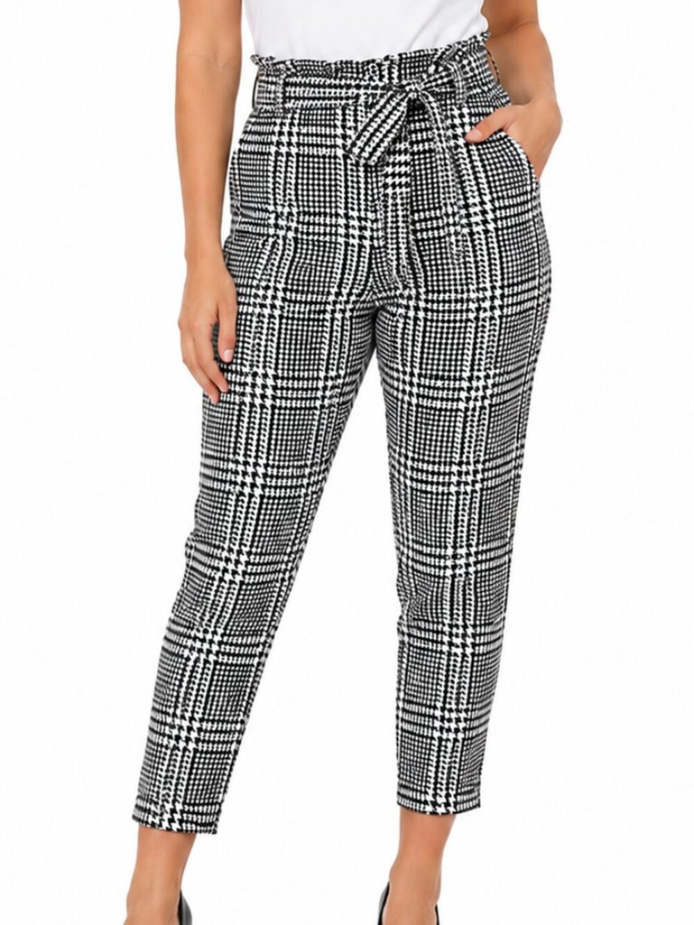 Adriano Goldschmied Women's Houndstooth Cotton Pants High Waist Black White Sz L